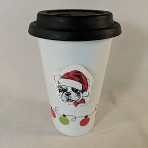 C.R. Gibson Santa Dog Christmas Travel Mug Ceramic Lid Ornaments 10 oz Tumbler